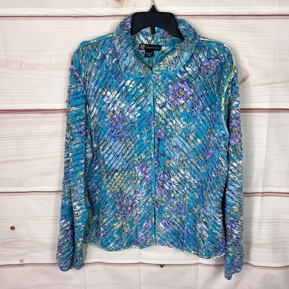 Casual Studio Jacket Womens M Blue Purple Floral Print Button Up Textured Artsy